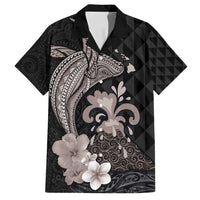 Hawaiian Whale and Volcanic Eruption Family Matching Summer Maxi Dress and Hawaiian Shirt Hibiscus and Kakau Pattern Grayscale Color LT03 Dad's Shirt - Short Sleeve Black - Polynesian Pride