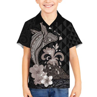 Hawaiian Whale and Volcanic Eruption Family Matching Summer Maxi Dress and Hawaiian Shirt Hibiscus and Kakau Pattern Grayscale Color LT03 Son's Shirt Black - Polynesian Pride