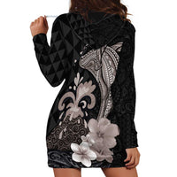 Hawaiian Whale and Volcanic Eruption Hoodie Dress Hibiscus and Kakau Pattern Grayscale Color LT03 - Polynesian Pride