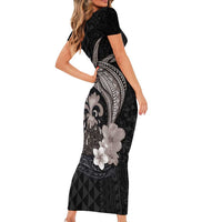 Hawaiian Whale and Volcanic Eruption Short Sleeve Bodycon Dress Hibiscus and Kakau Pattern Grayscale Color LT03 - Polynesian Pride