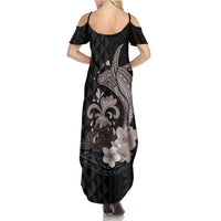 Hawaiian Whale and Volcanic Eruption Summer Maxi Dress Hibiscus and Kakau Pattern Grayscale Color