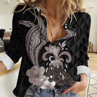 Hawaiian Whale and Volcanic Eruption Women Casual Shirt Hibiscus and Kakau Pattern Grayscale Color LT03 Female Black - Polynesian Pride