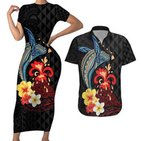 Hawaiian Whale and Volcanic Eruption Couples Matching Short Sleeve Bodycon Dress and Hawaiian Shirt Hibiscus and Kakau Pattern LT03 Black - Polynesian Pride