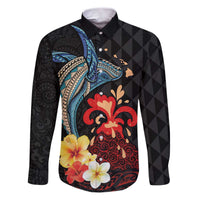 Hawaiian Whale and Volcanic Eruption Family Matching Puletasi and Hawaiian Shirt Hibiscus and Kakau Pattern LT03 Dad's Shirt - Long Sleeve Black - Polynesian Pride