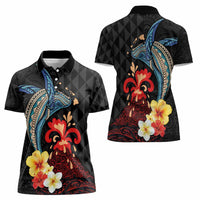 Hawaiian Whale and Volcanic Eruption Women Polo Shirt Hibiscus and Kakau Pattern