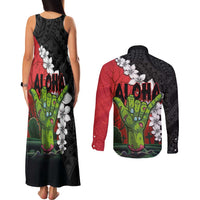 Hawaiian Halloween Couples Matching Tank Maxi Dress and Long Sleeve Button Shirt Horror Shaka Hand with Plumeria and Polynesian Tattoo Blood Color
