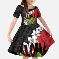 Hawaiian Halloween Family Matching Off The Shoulder Long Sleeve Dress and Hawaiian Shirt Horror Shaka Hand with Plumeria and Polynesian Tattoo Blood Color LT03 Daughter's Dress Red - Polynesian Pride