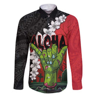 Hawaiian Halloween Family Matching Off Shoulder Maxi Dress and Hawaiian Shirt Horror Shaka Hand with Plumeria and Polynesian Tattoo Blood Color LT03 Dad's Shirt - Long Sleeve Red - Polynesian Pride
