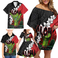 Hawaiian Halloween Family Matching Off Shoulder Short Dress and Hawaiian Shirt Horror Shaka Hand with Plumeria and Polynesian Tattoo Blood Color LT03 - Polynesian Pride
