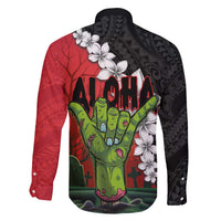 Hawaiian Halloween Family Matching Off Shoulder Short Dress and Hawaiian Shirt Horror Shaka Hand with Plumeria and Polynesian Tattoo Blood Color LT03 - Polynesian Pride