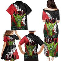 Hawaiian Halloween Family Matching Puletasi and Hawaiian Shirt Horror Shaka Hand with Plumeria and Polynesian Tattoo Blood Color LT03 - Polynesian Pride