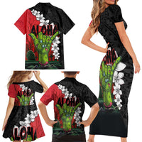 Hawaiian Halloween Family Matching Short Sleeve Bodycon Dress and Hawaiian Shirt Horror Shaka Hand with Plumeria and Polynesian Tattoo Blood Color LT03 - Polynesian Pride