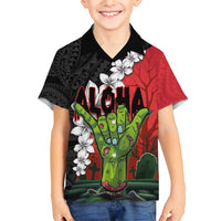 Hawaiian Halloween Family Matching Short Sleeve Bodycon Dress and Hawaiian Shirt Horror Shaka Hand with Plumeria and Polynesian Tattoo Blood Color LT03 Son's Shirt Red - Polynesian Pride
