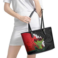 Hawaiian Halloween Leather Tote Bag Horror Shaka Hand with Plumeria and Polynesian Tattoo Blood Color LT03 - Polynesian Pride