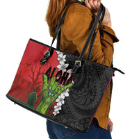 Hawaiian Halloween Leather Tote Bag Horror Shaka Hand with Plumeria and Polynesian Tattoo Blood Color LT03 - Polynesian Pride