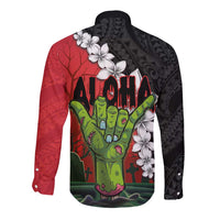 Hawaiian Halloween Long Sleeve Button Shirt Horror Shaka Hand with Plumeria and Polynesian Tattoo Blood Color LT03 - Polynesian Pride