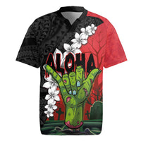 Hawaiian Halloween Rugby Jersey Horror Shaka Hand with Plumeria and Polynesian Tattoo Blood Color LT03 Red - Polynesian Pride