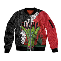 Hawaiian Halloween Sleeve Zip Bomber Jacket Horror Shaka Hand with Plumeria and Polynesian Tattoo Blood Color LT03 Unisex Red - Polynesian Pride