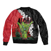 Hawaiian Halloween Sleeve Zip Bomber Jacket Horror Shaka Hand with Plumeria and Polynesian Tattoo Blood Color LT03 - Polynesian Pride