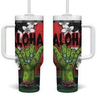 Hawaiian Halloween Tumbler With Handle Horror Shaka Hand with Plumeria and Polynesian Tattoo Blood Color LT03 One Size: 40 oz Red - Polynesian Pride