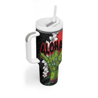 Hawaiian Halloween Tumbler With Handle Horror Shaka Hand with Plumeria and Polynesian Tattoo Blood Color LT03 - Polynesian Pride