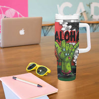 Hawaiian Halloween Tumbler With Handle Horror Shaka Hand with Plumeria and Polynesian Tattoo Blood Color LT03 - Polynesian Pride