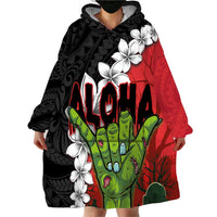 Hawaiian Halloween Wearable Blanket Hoodie Horror Shaka Hand with Plumeria and Polynesian Tattoo Blood Color LT03 - Polynesian Pride