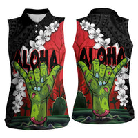 Hawaiian Halloween Women Sleeveless Polo Shirt Horror Shaka Hand with Plumeria and Polynesian Tattoo Blood Color LT03 - Polynesian Pride