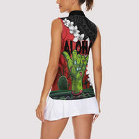 Hawaiian Halloween Women Sleeveless Polo Shirt Horror Shaka Hand with Plumeria and Polynesian Tattoo Blood Color LT03 - Polynesian Pride