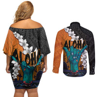Hawaiian Halloween Couples Matching Off Shoulder Short Dress and Long Sleeve Button Shirt Horror Shaka Hand with Plumeria and Polynesian Tattoo Autumn Color