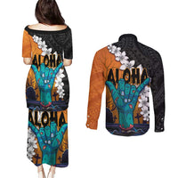 Hawaiian Halloween Couples Matching Puletasi and Long Sleeve Button Shirt Horror Shaka Hand with Plumeria and Polynesian Tattoo Autumn Color LT03 - Polynesian Pride