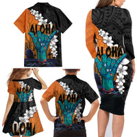 Hawaiian Halloween Family Matching Long Sleeve Bodycon Dress and Hawaiian Shirt Horror Shaka Hand with Plumeria and Polynesian Tattoo Autumn Color LT03 - Polynesian Pride