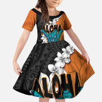 Hawaiian Halloween Family Matching Off Shoulder Maxi Dress and Hawaiian Shirt Horror Shaka Hand with Plumeria and Polynesian Tattoo Autumn Color LT03 Daughter's Dress Orange - Polynesian Pride