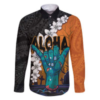 Hawaiian Halloween Family Matching Off Shoulder Maxi Dress and Hawaiian Shirt Horror Shaka Hand with Plumeria and Polynesian Tattoo Autumn Color LT03 Dad's Shirt - Long Sleeve Orange - Polynesian Pride