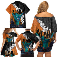 Hawaiian Halloween Family Matching Off Shoulder Short Dress and Hawaiian Shirt Horror Shaka Hand with Plumeria and Polynesian Tattoo Autumn Color LT03 - Polynesian Pride