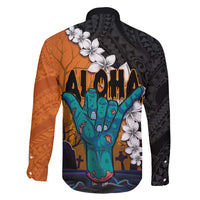 Hawaiian Halloween Family Matching Short Sleeve Bodycon Dress and Hawaiian Shirt Horror Shaka Hand with Plumeria and Polynesian Tattoo Autumn Color LT03 - Polynesian Pride