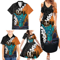 Hawaiian Halloween Family Matching Summer Maxi Dress and Hawaiian Shirt Horror Shaka Hand with Plumeria and Polynesian Tattoo Autumn Color LT03 - Polynesian Pride