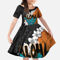Hawaiian Halloween Family Matching Tank Maxi Dress and Hawaiian Shirt Horror Shaka Hand with Plumeria and Polynesian Tattoo Autumn Color LT03 Daughter's Dress Orange - Polynesian Pride