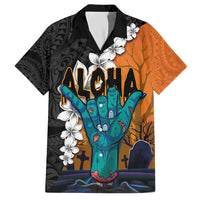 Hawaiian Halloween Hawaiian Shirt Horror Shaka Hand with Plumeria and Polynesian Tattoo Autumn Color LT03 Orange - Polynesian Pride