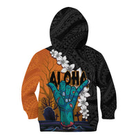 Hawaiian Halloween Kid Hoodie Horror Shaka Hand with Plumeria and Polynesian Tattoo Autumn Color LT03 - Polynesian Pride