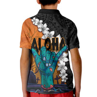 Hawaiian Halloween Kid Polo Shirt Horror Shaka Hand with Plumeria and Polynesian Tattoo Autumn Color LT03 - Polynesian Pride