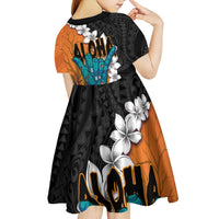 Hawaiian Halloween Kid Short Sleeve Dress Horror Shaka Hand with Plumeria and Polynesian Tattoo Autumn Color LT03 - Polynesian Pride