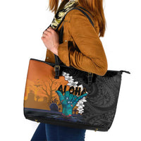 Hawaiian Halloween Leather Tote Bag Horror Shaka Hand with Plumeria and Polynesian Tattoo Autumn Color LT03 Orange - Polynesian Pride
