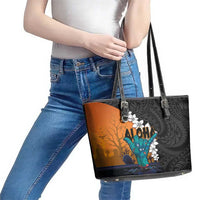 Hawaiian Halloween Leather Tote Bag Horror Shaka Hand with Plumeria and Polynesian Tattoo Autumn Color LT03 - Polynesian Pride