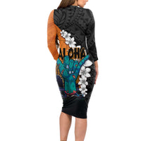 Hawaiian Halloween Long Sleeve Bodycon Dress Horror Shaka Hand with Plumeria and Polynesian Tattoo Autumn Color LT03 - Polynesian Pride