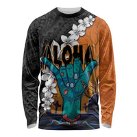 Hawaiian Halloween Long Sleeve Shirt Horror Shaka Hand with Plumeria and Polynesian Tattoo Autumn Color LT03 Unisex Orange - Polynesian Pride