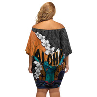 Hawaiian Halloween Off Shoulder Short Dress Horror Shaka Hand with Plumeria and Polynesian Tattoo Autumn Color LT03 - Polynesian Pride