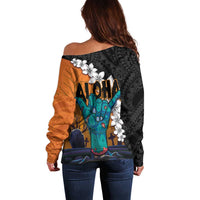 Hawaiian Halloween Off Shoulder Sweater Horror Shaka Hand with Plumeria and Polynesian Tattoo Autumn Color LT03 - Polynesian Pride