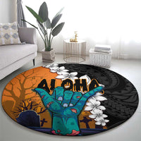 Hawaiian Halloween Round Carpet Horror Shaka Hand with Plumeria and Polynesian Tattoo Autumn Color LT03 - Polynesian Pride