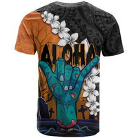 Hawaiian Halloween T Shirt Horror Shaka Hand with Plumeria and Polynesian Tattoo Autumn Color LT03 - Polynesian Pride